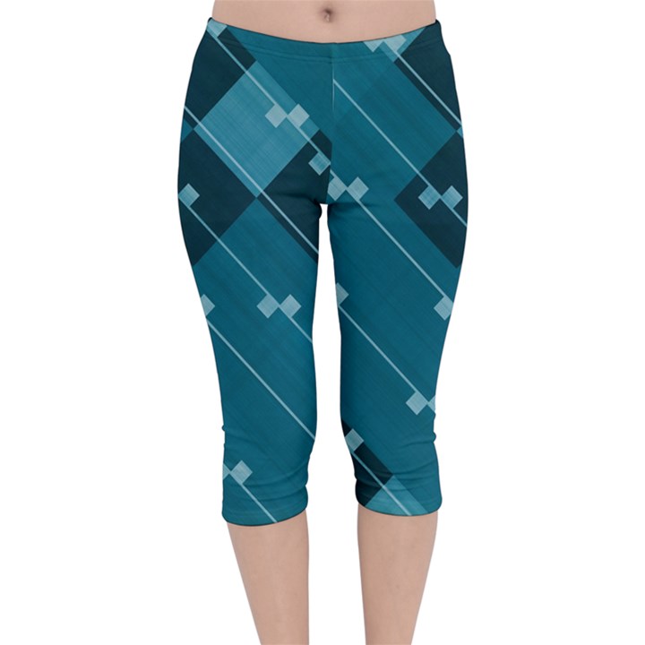 Teal Blue Stripes and Checks Velvet Capri Leggings 