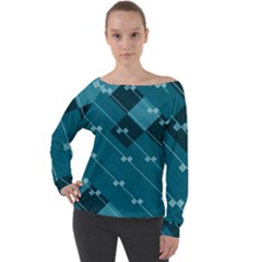 Teal Blue Stripes And Checks Off Shoulder Long Sleeve Velour Top