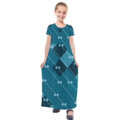 Teal Blue Stripes And Checks Kids  Short Sleeve Maxi Dress by SpinnyChairDesigns