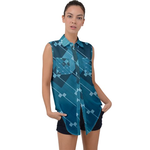 Teal Blue Stripes And Checks Sleeveless Chiffon Button Shirt by SpinnyChairDesigns