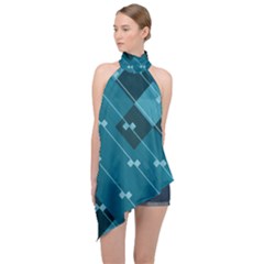 Teal Blue Stripes And Checks Halter Asymmetric Satin Top by SpinnyChairDesigns