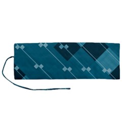 Teal Blue Stripes And Checks Roll Up Canvas Pencil Holder (m) by SpinnyChairDesigns