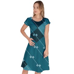 Teal Blue Stripes And Checks Classic Short Sleeve Dress by SpinnyChairDesigns