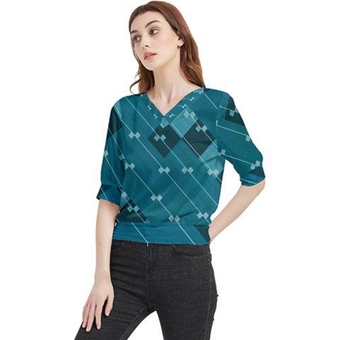 Teal Blue Stripes And Checks Quarter Sleeve Blouse by SpinnyChairDesigns