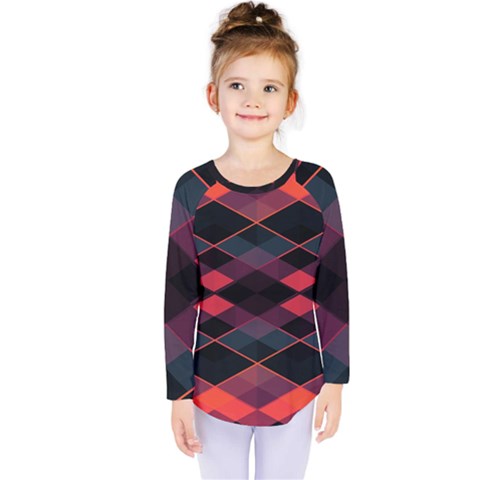 Pink Orange Black Diamond Pattern Kids  Long Sleeve Tee by SpinnyChairDesigns