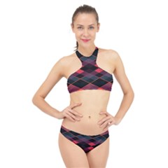 Pink Orange Black Diamond Pattern High Neck Bikini Set by SpinnyChairDesigns