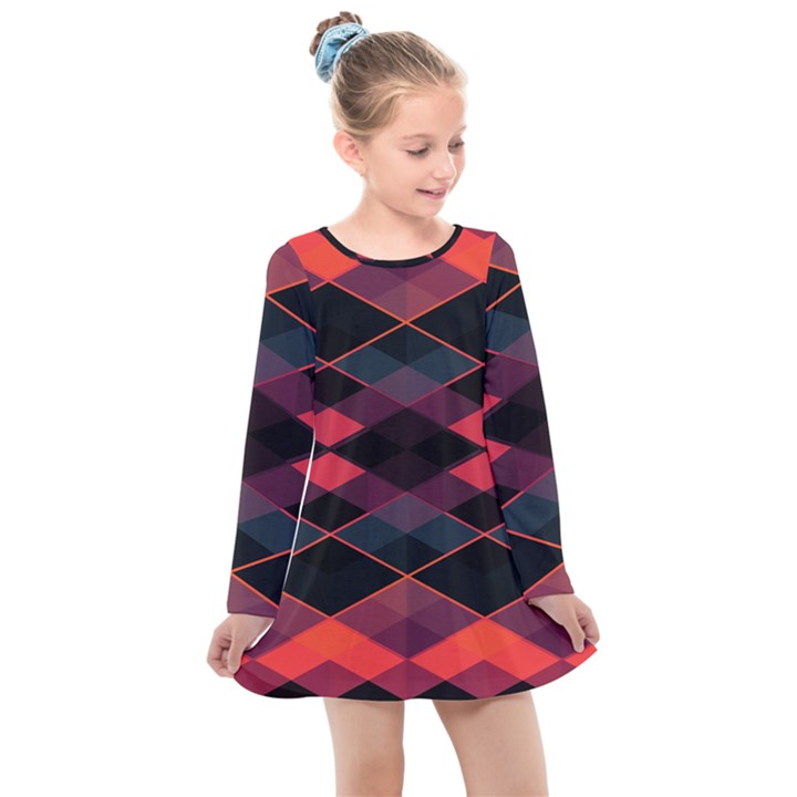 Pink Orange Black Diamond Pattern Kids  Long Sleeve Dress