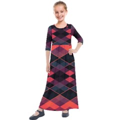 Pink Orange Black Diamond Pattern Kids  Quarter Sleeve Maxi Dress by SpinnyChairDesigns