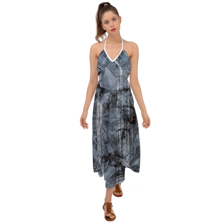 Faded Blue Texture Halter Tie Back Dress 