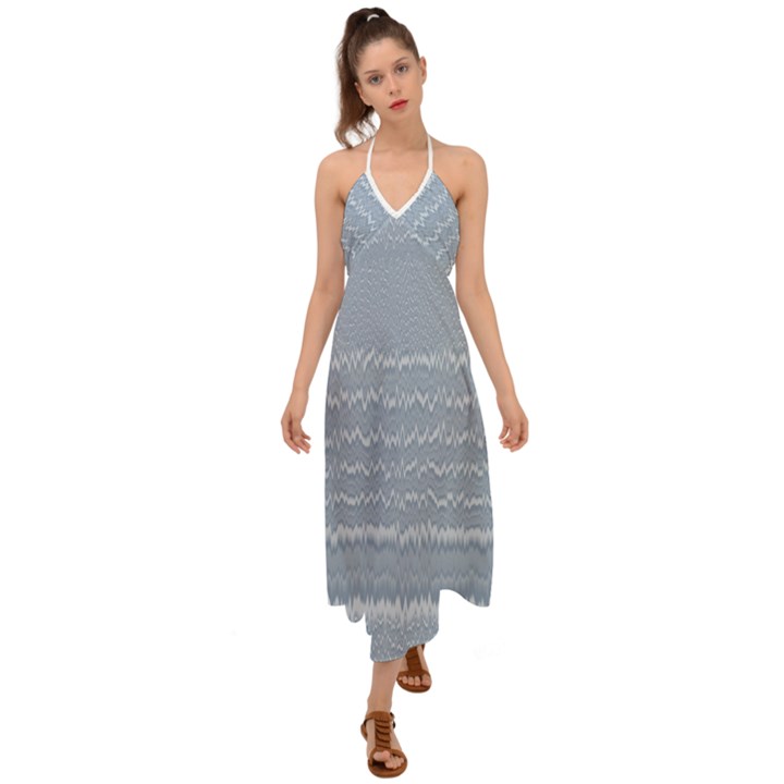 Boho Faded Blue Stripes Halter Tie Back Dress 