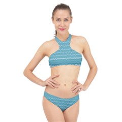 Boho Teal Stripes High Neck Bikini Set