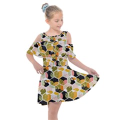 Hexagon Tropical Pattern Kids  Shoulder Cutout Chiffon Dress by designsbymallika