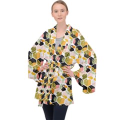 Hexagon Tropical Pattern Long Sleeve Velvet Kimono  by designsbymallika