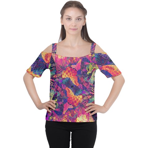 Colorful Boho Abstract Art Cutout Shoulder Tee by SpinnyChairDesigns