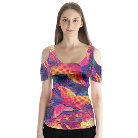 Colorful Boho Abstract Art Butterfly Sleeve Cutout Tee  by SpinnyChairDesigns