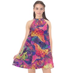 Colorful Boho Abstract Art Halter Neckline Chiffon Dress  by SpinnyChairDesigns