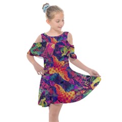 Colorful Boho Abstract Art Kids  Shoulder Cutout Chiffon Dress by SpinnyChairDesigns