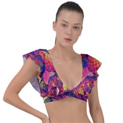 Colorful Boho Abstract Art Plunge Frill Sleeve Bikini Top by SpinnyChairDesigns