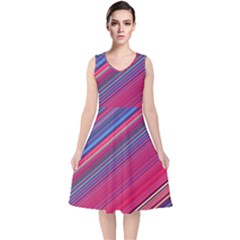 Boho Pink Blue Stripes V-neck Midi Sleeveless Dress  by SpinnyChairDesigns