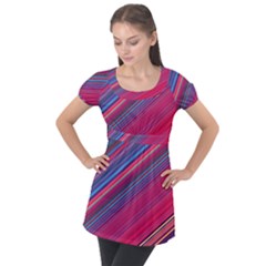 Boho Pink Blue Stripes Puff Sleeve Tunic Top by SpinnyChairDesigns