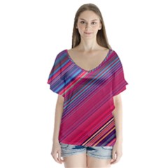 Boho Pink Blue Stripes V-neck Flutter Sleeve Top by SpinnyChairDesigns