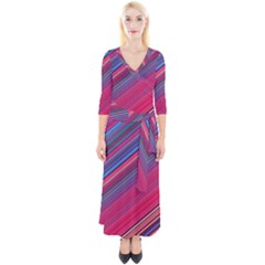 Boho Pink Blue Stripes Quarter Sleeve Wrap Maxi Dress by SpinnyChairDesigns