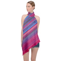 Boho Pink Blue Stripes Halter Asymmetric Satin Top by SpinnyChairDesigns