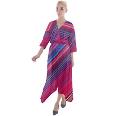 Boho Pink Blue Stripes Quarter Sleeve Wrap Front Maxi Dress by SpinnyChairDesigns