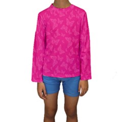 Magenta Pink Butterflies Pattern Kids  Long Sleeve Swimwear by SpinnyChairDesigns