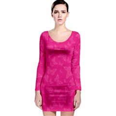 Magenta Pink Butterflies Pattern Long Sleeve Bodycon Dress by SpinnyChairDesigns