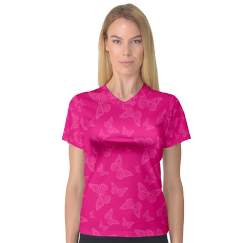 Magenta Pink Butterflies Pattern V-neck Sport Mesh Tee by SpinnyChairDesigns