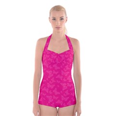 Magenta Pink Butterflies Pattern Boyleg Halter Swimsuit  by SpinnyChairDesigns