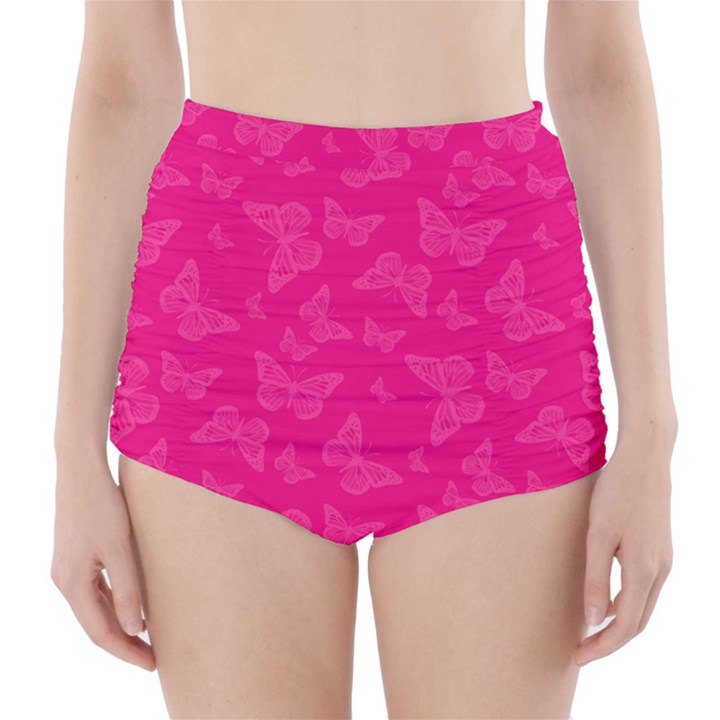 Magenta Pink Butterflies Pattern High-Waisted Bikini Bottoms