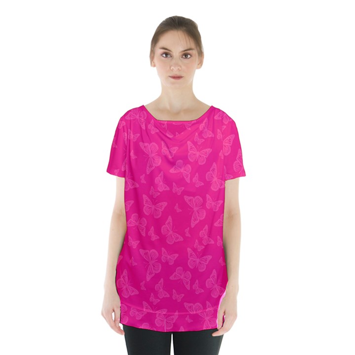 Magenta Pink Butterflies Pattern Skirt Hem Sports Top