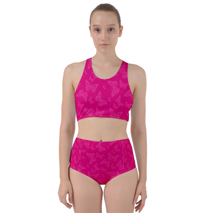 Magenta Pink Butterflies Pattern Racer Back Bikini Set