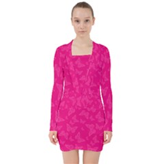 Magenta Pink Butterflies Pattern V-neck Bodycon Long Sleeve Dress by SpinnyChairDesigns