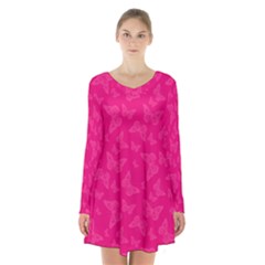 Magenta Pink Butterflies Pattern Long Sleeve Velvet V-neck Dress by SpinnyChairDesigns