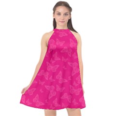 Magenta Pink Butterflies Pattern Halter Neckline Chiffon Dress  by SpinnyChairDesigns