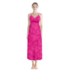 Magenta Pink Butterflies Pattern Button Up Chiffon Maxi Dress by SpinnyChairDesigns