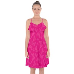 Magenta Pink Butterflies Pattern Ruffle Detail Chiffon Dress by SpinnyChairDesigns