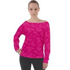 Magenta Pink Butterflies Pattern Off Shoulder Long Sleeve Velour Top