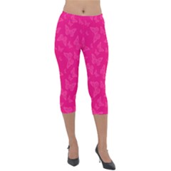 Magenta Pink Butterflies Pattern Lightweight Velour Capri Leggings  by SpinnyChairDesigns