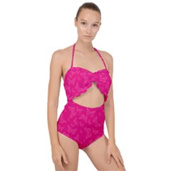 Magenta Pink Butterflies Pattern Scallop Top Cut Out Swimsuit by SpinnyChairDesigns