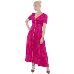 Magenta Pink Butterflies Pattern Button Up Short Sleeve Maxi Dress by SpinnyChairDesigns