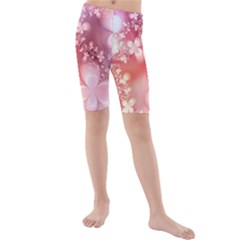 Boho Pastel Pink Floral Print Kids  Mid Length Swim Shorts by SpinnyChairDesigns