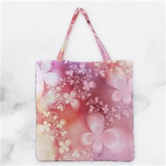 Boho Pastel Pink Floral Print Grocery Tote Bag by SpinnyChairDesigns