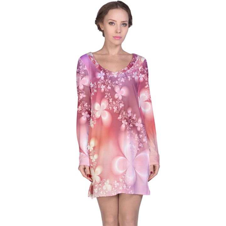 Boho Pastel Pink Floral Print Long Sleeve Nightdress