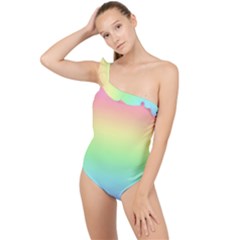 Pastel Rainbow Ombre Frilly One Shoulder Swimsuit by SpinnyChairDesigns