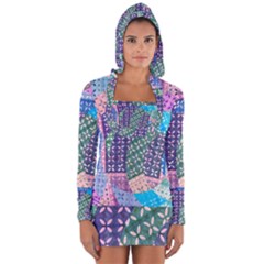 Boho Patchwork Long Sleeve Hooded T-shirt by SpinnyChairDesigns