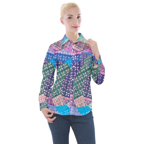 Boho Patchwork Women s Long Sleeve Pocket Shirt by SpinnyChairDesigns